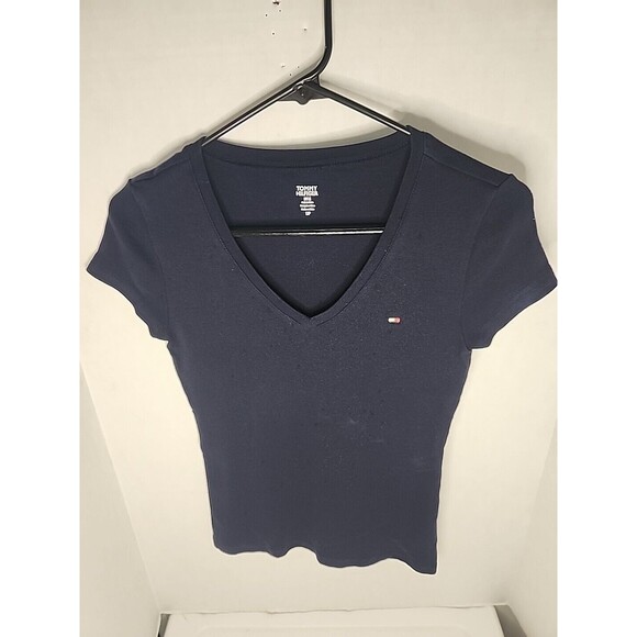 Tommy Hilfiger Shirt Womens Size Small Blue Short Sleeve Tee Casual V Neck Logo - Picture 1 of 9